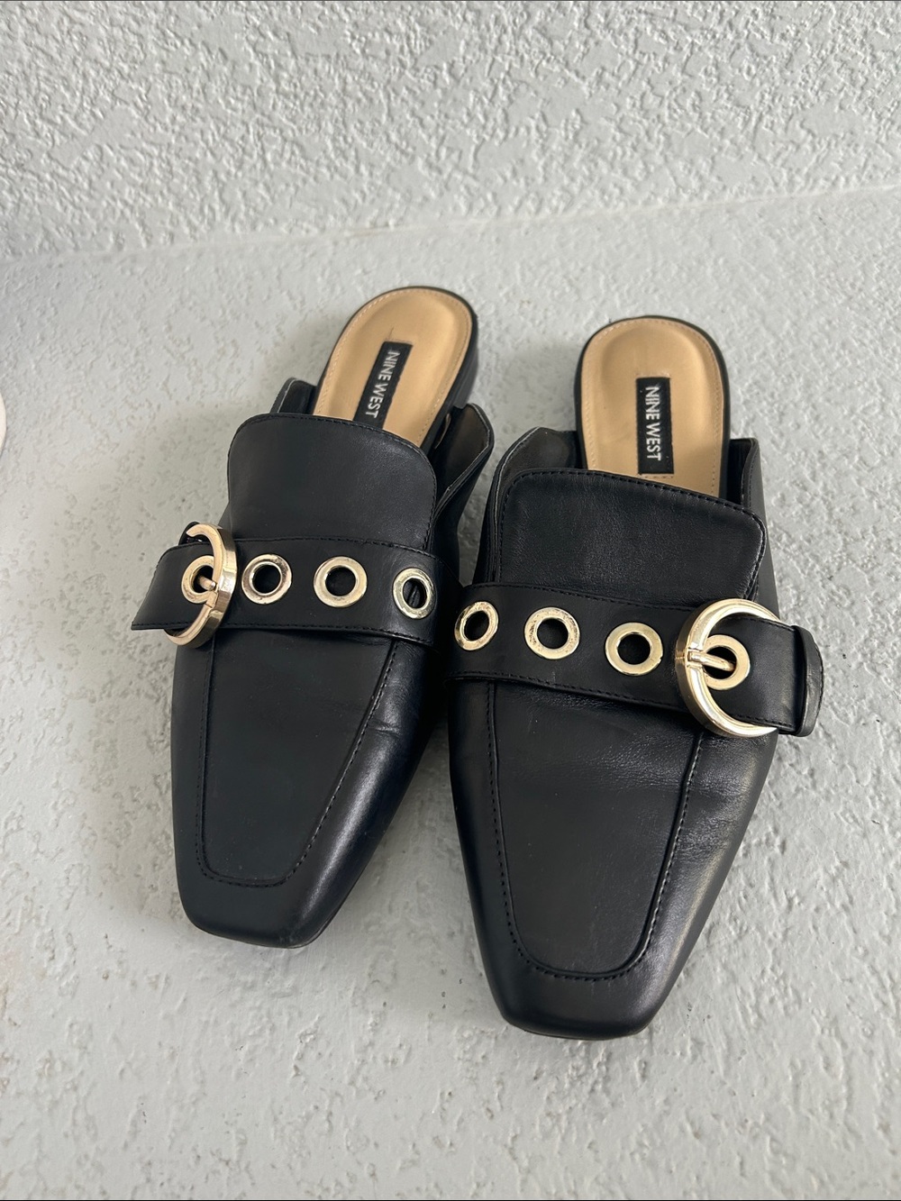 Nine West Black Leather Grommet Mule Slides with Gold Buckle